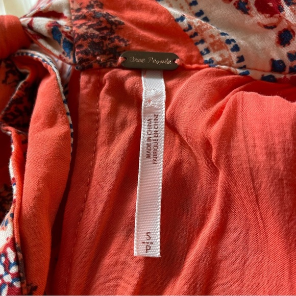 Free People Orange Multi Print Keyhole Tie Neck Sleeveless Mini Tent Dress EUC S - Picture 6 of 9